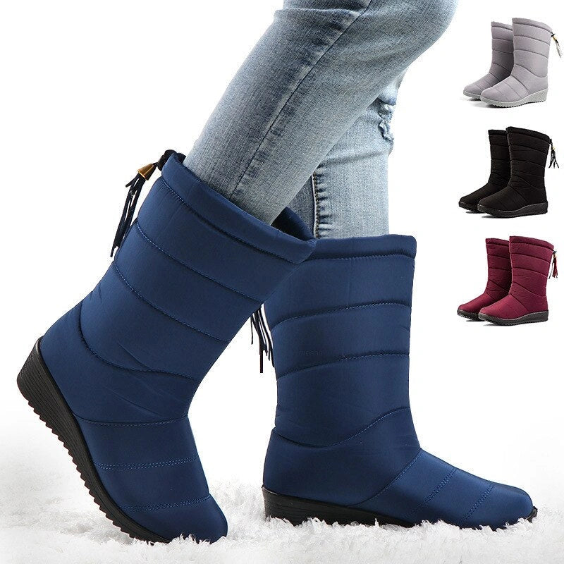 bottes de Neige Mi-Mollet Doublees en Peluche et Impermeables pour Femmes bleu