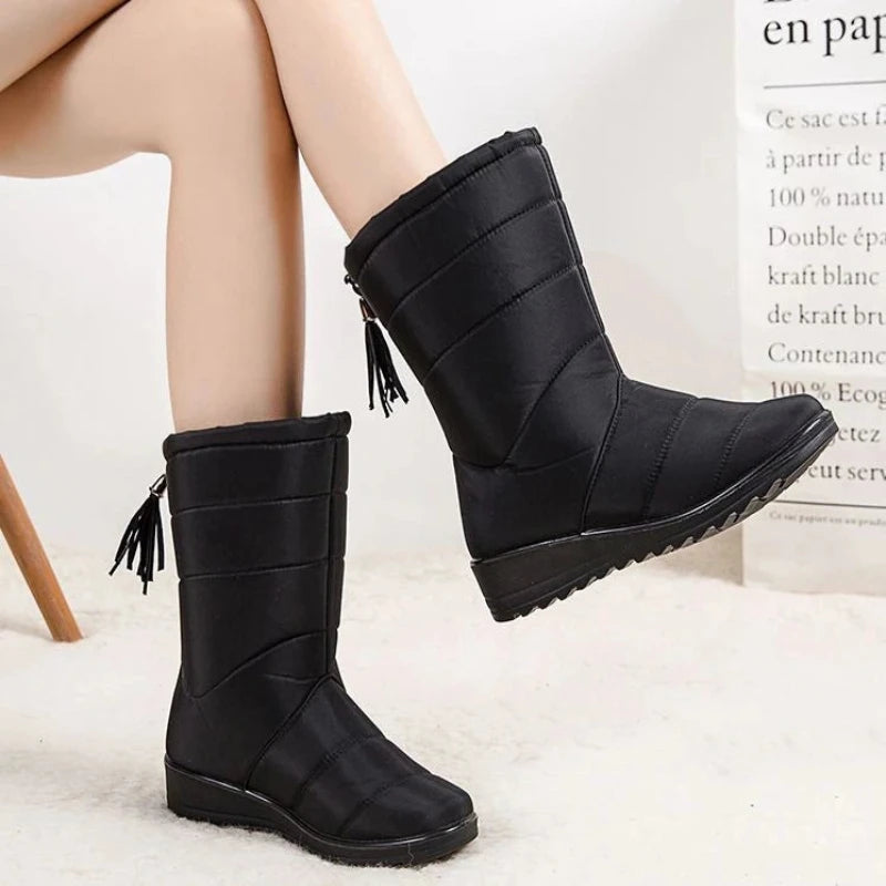bottes de Neige Mi-Mollet Doublees en Peluche et Impermeables pour Femmes noir